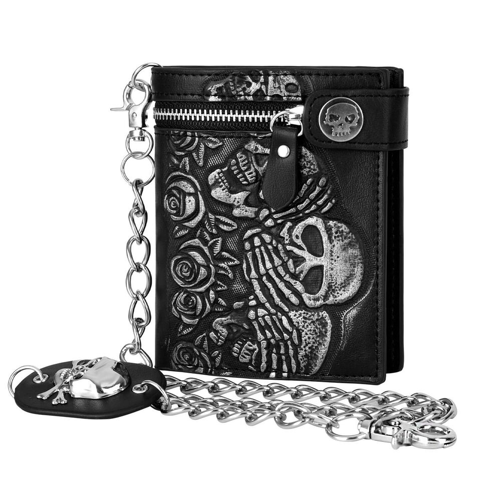 9823 Skull Gothic Chain Wallet - Leather Punk Bifold | Unisex Halloween